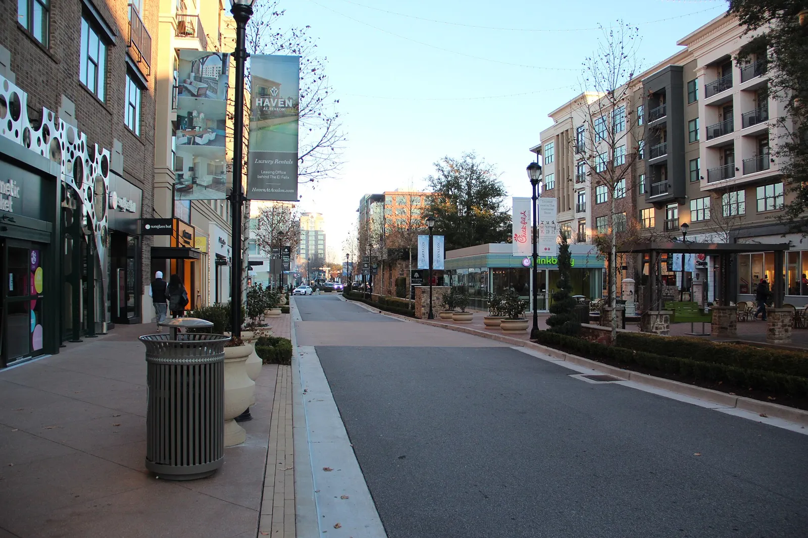 Shops and apartments along a street at Avalon, Alpharetta, on New Year's Day 2018