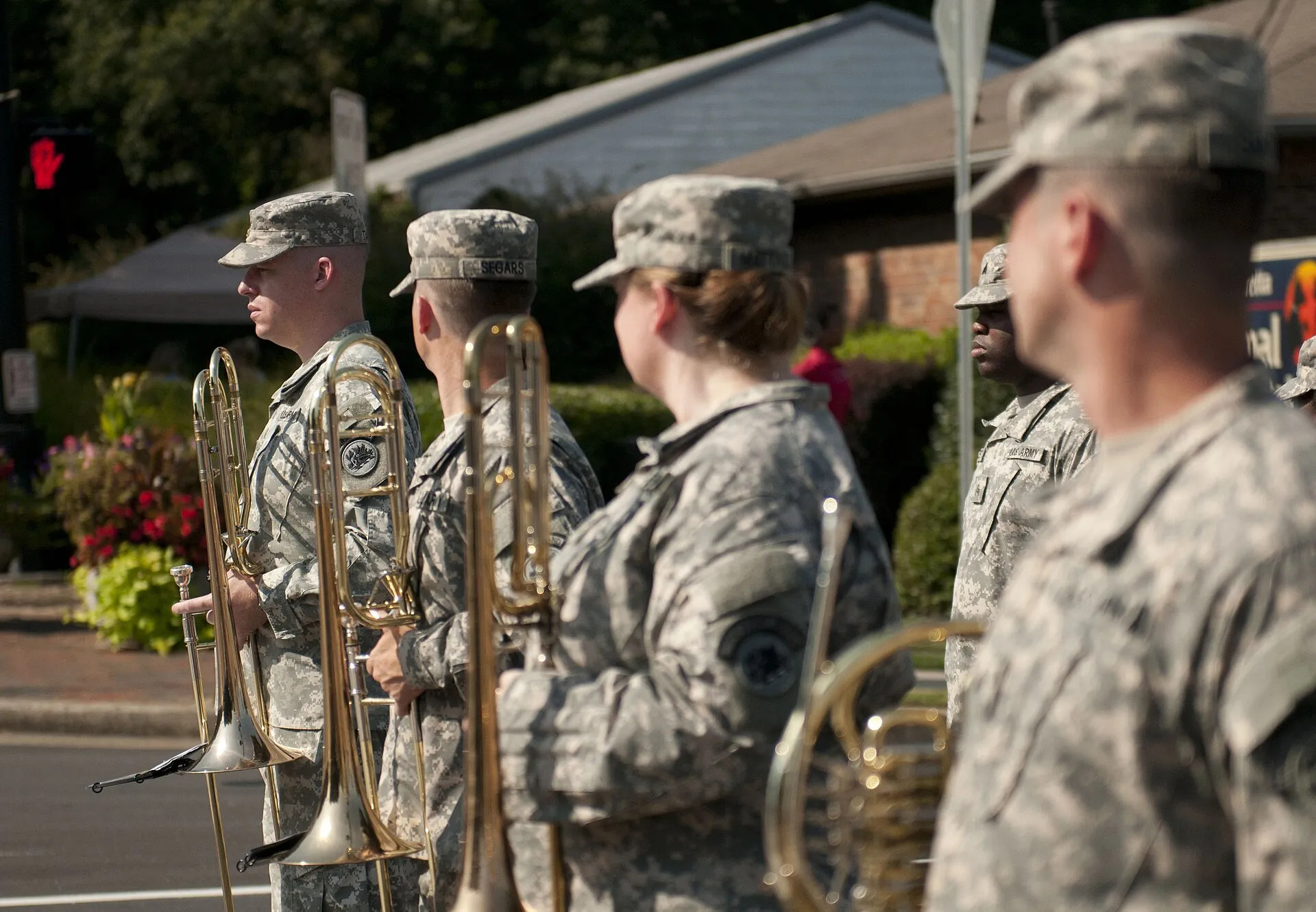 Georgia Army National Guard band members line up on a downtown Alpharetta street for the Old Soldiers Day Parade.
