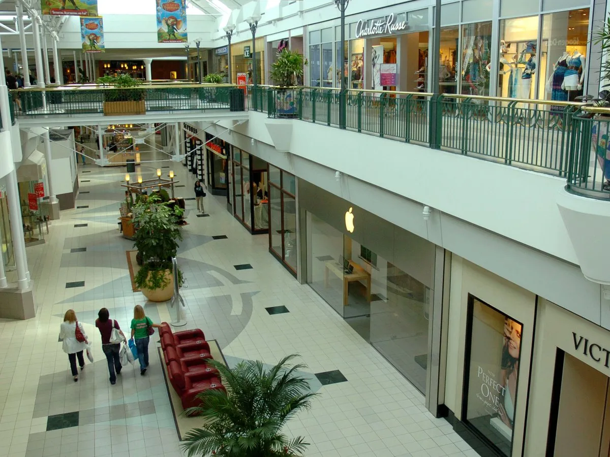 The two-level shopping concourse inside North Point Mall in Alpharetta, home of Arcadia Theater's Spotlight stage.