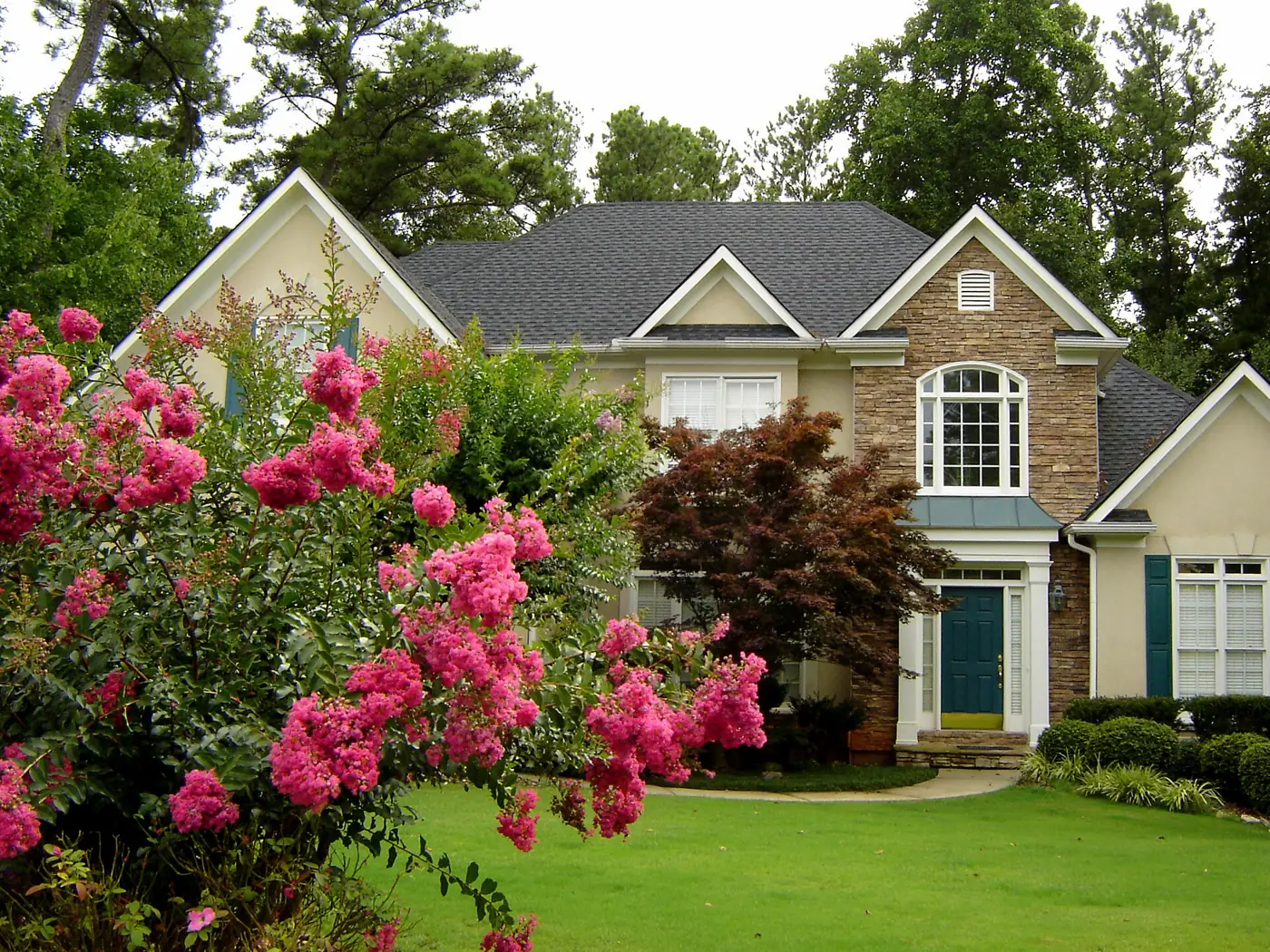 A house in an Alpharetta subdivision, with crape myrtle in bloom