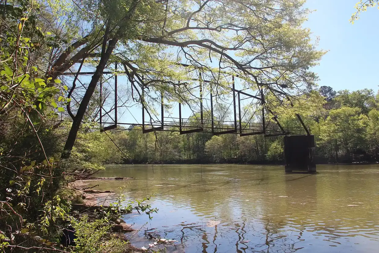 The ruins of the old Jones Bridge over the Chattahoochee River, about a mile southeast of the school, photographed in 2016
