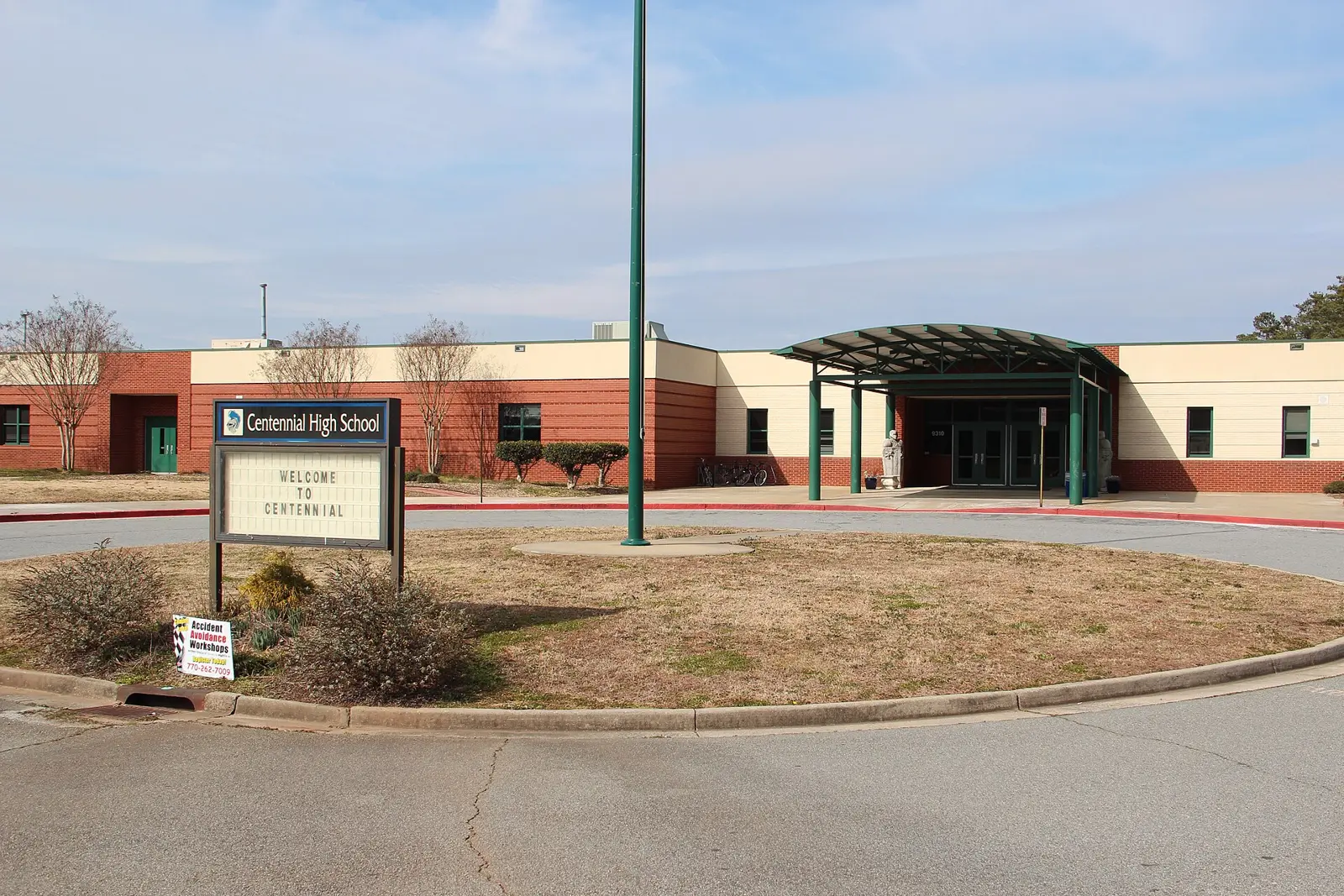 The entrance to Centennial High School on Scott Road in Roswell, photographed in February 2016