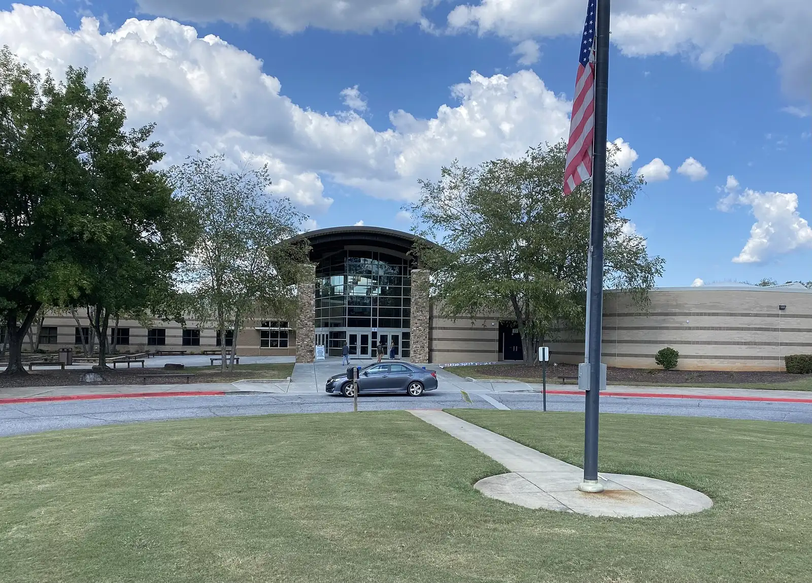 The front of Chattahoochee High School on Taylor Road in Johns Creek, photographed in September 2024